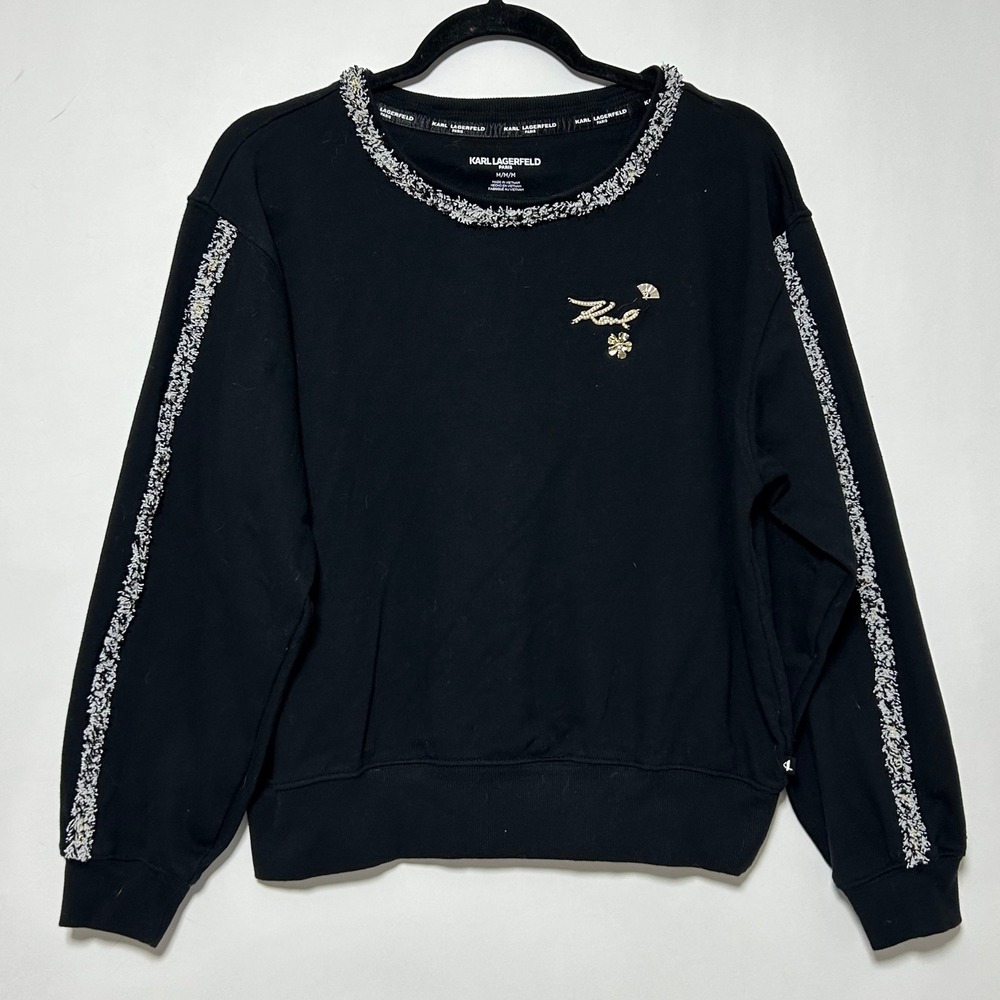 Karl Lagerfeld Paris Black Embellished Sweatshirt Pearl Logo Tweed Trim M